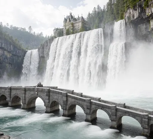 Prompt: Castle on top of a waterfall, trees on the right side. fantasy, long grey marble bridge