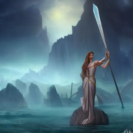 Prompt: atlantis goodess with swords, matte painting, detailed