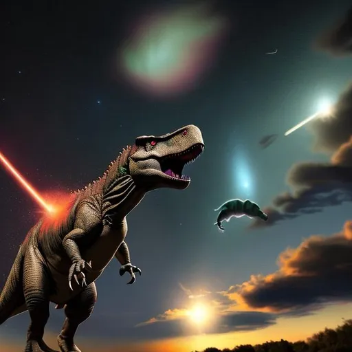 Prompt: Dinosaur sees comet falling from sky in photos 