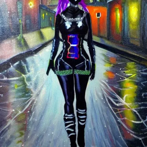 Prompt: cyber goth woman walking through the streets at night with stars in the sky oil painting