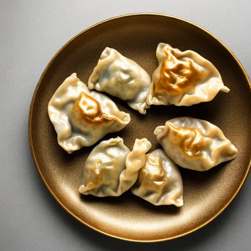Prompt: Generate a product shot of a golden metal gyoza bathed in natural light, plated on a dish featuring vibrant and bright colors. The goal is to create a visually stunning image that accentuates the luxurious quality of the metallic gyoza while evoking a sense of realism and allure. Utilize your AI art generator to craft an enticing and visually appealing composition that showcases this opulent culinary creation