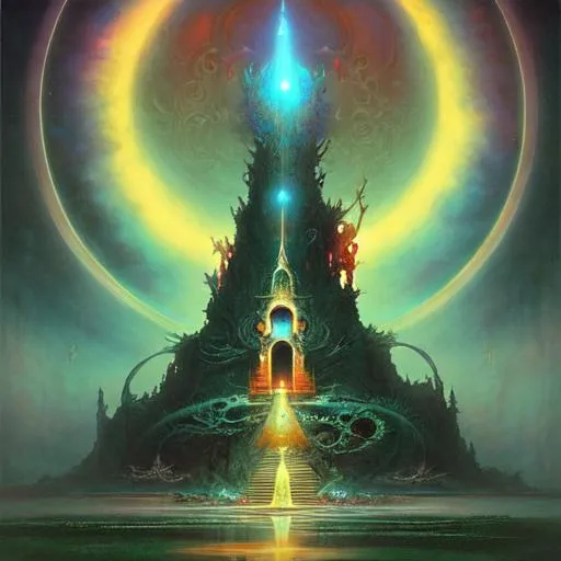 Prompt: a surreal monument to the celestial dreamland. a shrine of beautiful lucidity. by ross tran and zdzislaw beksinski

