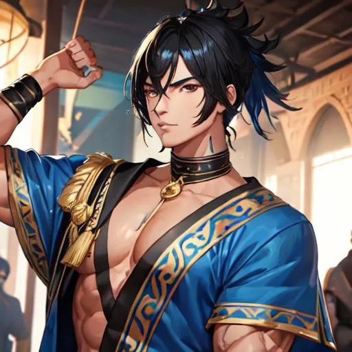 Prompt: Male (black hair in the front blue hair in the back) (brown eyes) buff, muscular. UHD, 8K, highly detailed