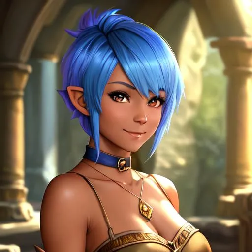 Prompt: oil painting, D&D fantasy, tanned-skinned-gnome girl, tanned-skinned-female, short slender, beautiful, short bright blue hair, long pixie cut hair, smiling, pointed ears, looking at the viewer, Wizard wearing intricate adventurer outfit, #3238, UHD, hd , 8k eyes, detailed face, big anime dreamy eyes, 8k eyes, intricate details, insanely detailed, masterpiece, cinematic lighting, 8k, complementary colors, golden ratio, octane render, volumetric lighting, unreal 5, artwork, concept art, cover, top model, light on hair colorful glamourous hyperdetailed medieval city background, intricate hyperdetailed breathtaking colorful glamorous scenic view landscape, ultra-fine details, hyper-focused, deep colors, dramatic lighting, ambient lighting god rays, flowers, garden | by sakimi chan, artgerm, wlop, pixiv, tumblr, instagram, deviantart