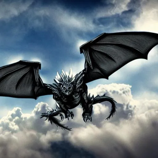 Prompt: white dragon with big wings, blue eyes flying on the clouds 