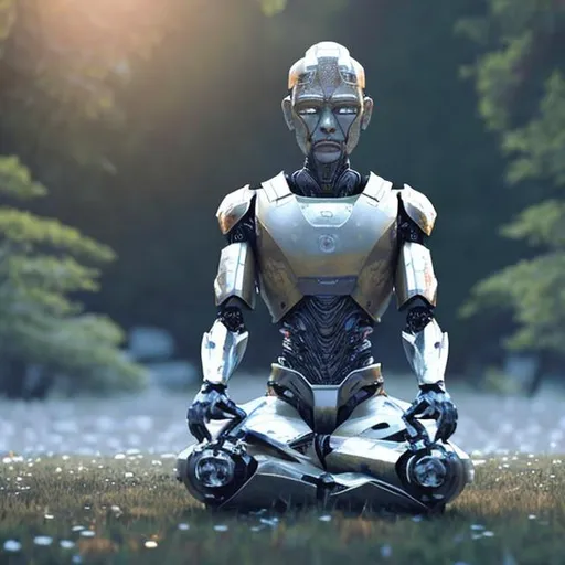 Prompt: a realistic male warrior AI robot meditaing