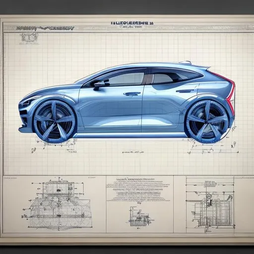 Prompt: highly detailed blueprint draft paper using the golden ratio to design a hydrogen compact concept car 2 seater for the year 2030 by Volvo