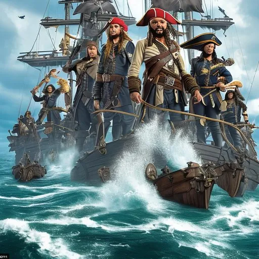 Prompt: A captain and his crew ride through the ocean on a large pirate ship. standing on the deck they can see In the distance a fleet of navy ships. The pirates ready themselves for what may be their final battle. The captain pulls a cutlass out and points it at the enemy. Looking ahead he is completely stone-faced