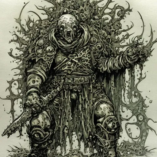 Prompt: Nurgle cultist in the style of Ian miller