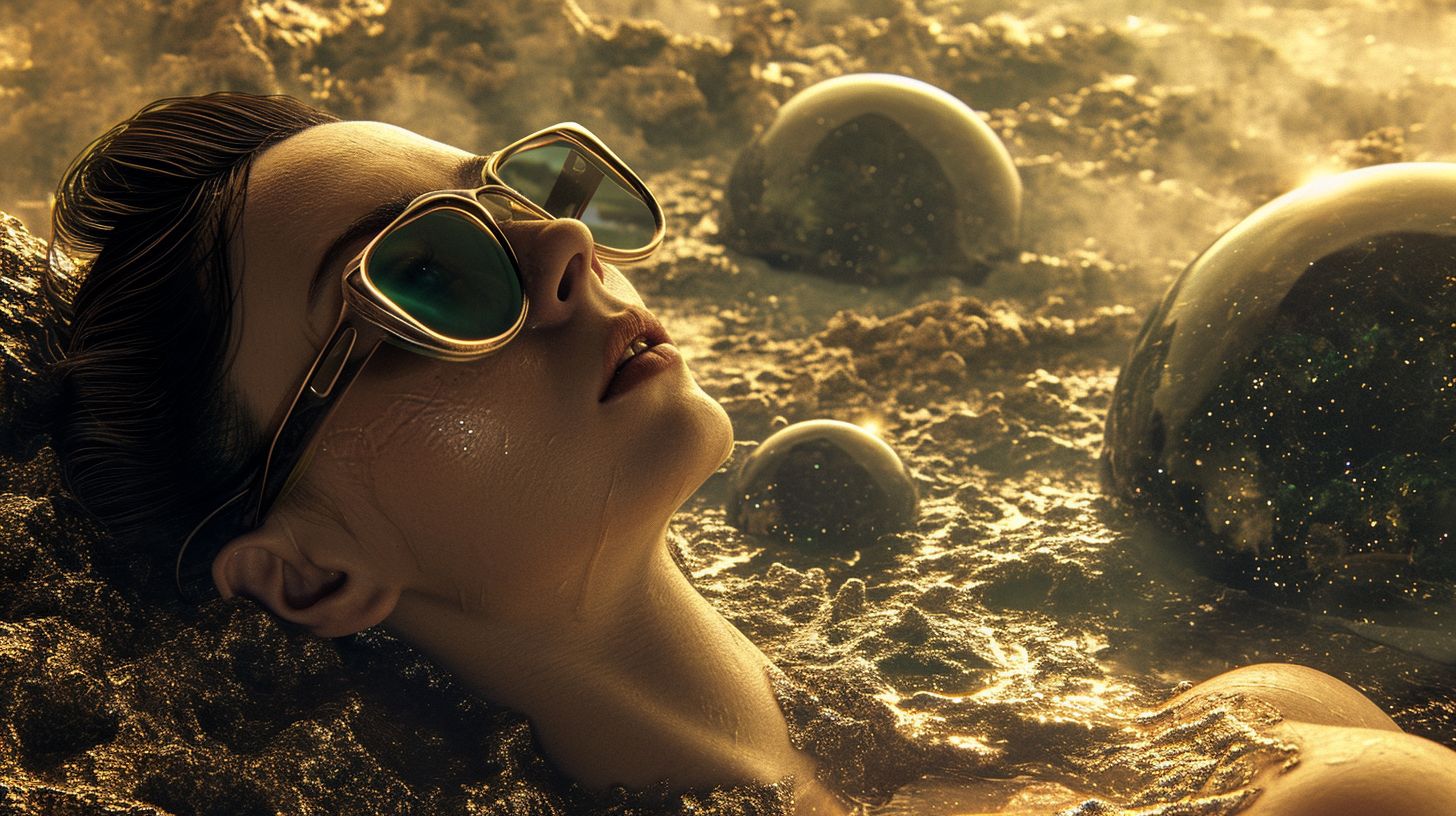 Prompt: Create a wide image that simulates a macro photograph of a woman with a cyberpunk style, wearing glasses, lounging on a floating planet. The scene should have realistic, hyper-detailed features with a focus on textures that suggest liquid metal. The portrait should capture intricate details as seen in macro photography, with a clear emphasis on the textures of the woman's attire and the reflective qualities of her glasses. The background should include floating planets with a luminous, reflective quality, but rendered with a shallow depth of field to ensure the woman remains the central, sharply focused subject. The lighting should be precise and detailed, highlighting the micro textures and creating a contrast between light and shadow that is characteristic of macro photography.