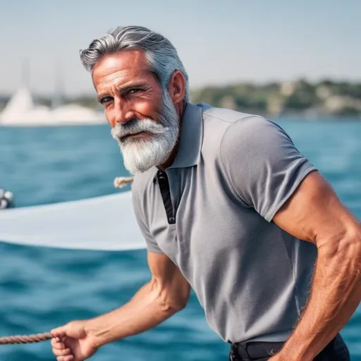 Prompt: A confident, strong, 45 year old, thin haired, grey bearded sailor looking magical and handsome wearing a black polo shirt while pulling a rope on a sailboat



