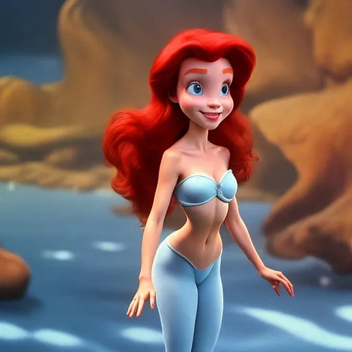 Prompt: Ariel from the little mermaid , walking with human legs, five toes correctly, five fingers correctly, full body view,only two legs,on land