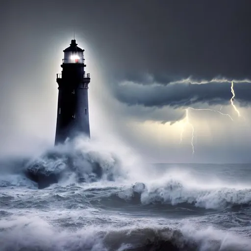 Prompt: Huge lighthouse, strong storm, waves hitting the lighthouse, a light beam cuts the darkness of the night from the lighthouse