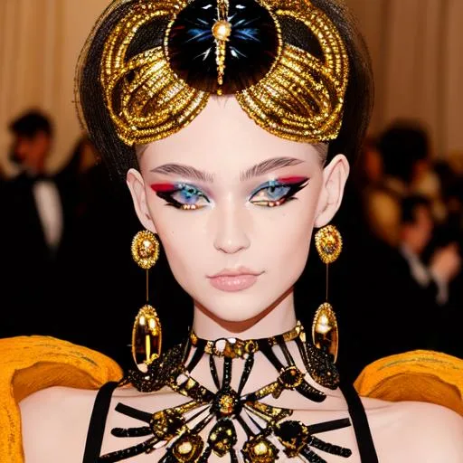 Prompt: Met Gala 2099 by Yves Saint Laurent, theme is the sun, detailed face, 