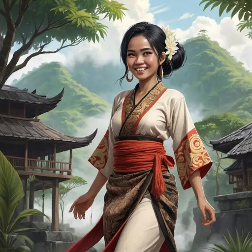 Prompt: Full body, Fantasy illustration of a Indonesian woman, 26 years old, amused expression, traditional garment, black hair, high quality, rpg-fantasy, detailed, Indonesia landscape background
