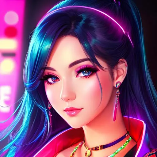 Prompt: high quality, beautiful woman, genshin impact, deviant art, neon lights