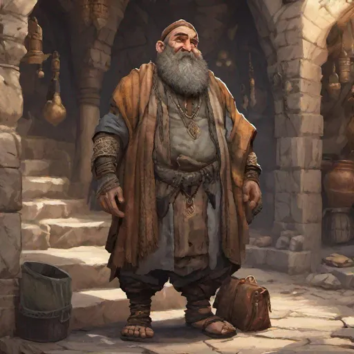 Prompt: Portrait of a dwarven beggar in a Middle East-inspired fantasy city. He wears ragged clothes and no shoes. Full-body shot, highly detailed, character illustration, 8K.