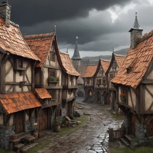 Prompt: Weathered Warhammer fantasy RPG style village, close-up view, detailed weathering, medieval fantasy, worn stone buildings, orange roof tiles, intricate wooden structures, rugged terrain, overcast sky, dramatic lighting, high quality, detailed, RPG style, village setting, medieval, weathered textures, intricate details, after rain