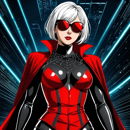 Prompt: Comic book style, cyberpunk. A middle aged woman with short hair and a red corset. Supervillain, spider themed. Round black sunglasses. Waistline cape
  