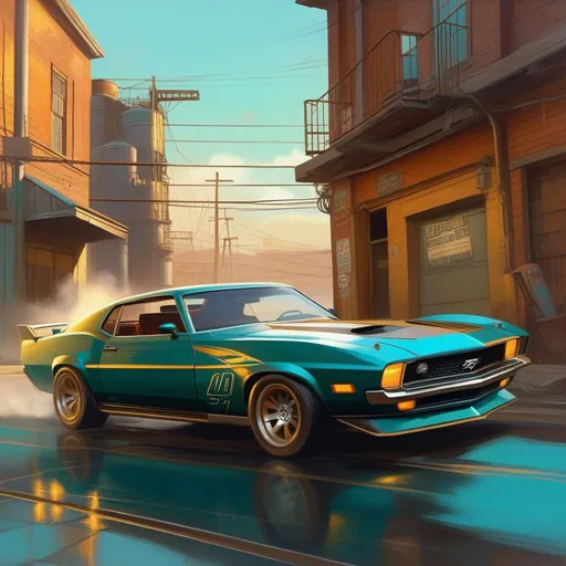 Prompt: Need for Speed Most Wanted, car chase, industrial area, cartoony, golden teal atmosphere, extremely detailed painting by Greg Rutkowski and by Henry Justice Ford and by Steve Henderson