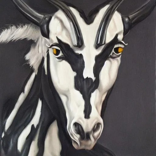 Prompt: oil paint all black with horn and evil smile