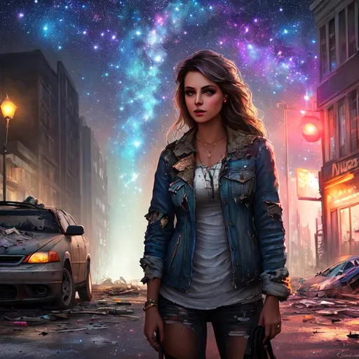 Prompt: painting of a woman, torn clothes, nighttime, post apocalyptic city street, ruined buildings, ruined cars, ruins, trash, soft light, pastel colors, muted color scheme, art, galaxy sky, stars, fireflies