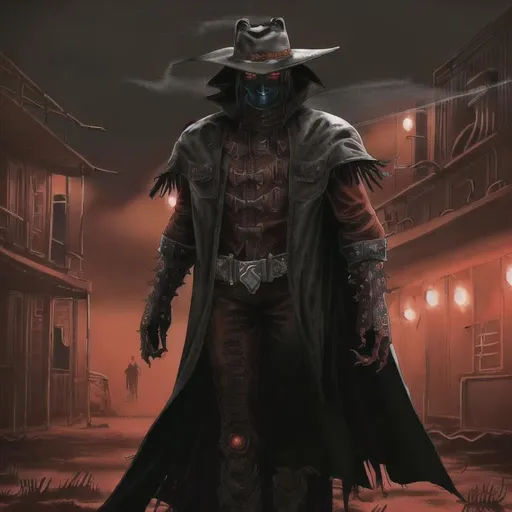 Prompt: Cyber Cowboy with 4 Arms, fiery red Poncho, Dressed in black duster and Stetson Cowboy Hat, with Red eyes, Haunting Presence, Intricately Detailed, Hyperdetailed, Desert Wild West Landscape, Dusty Midnight Lighting, Wild West Feel