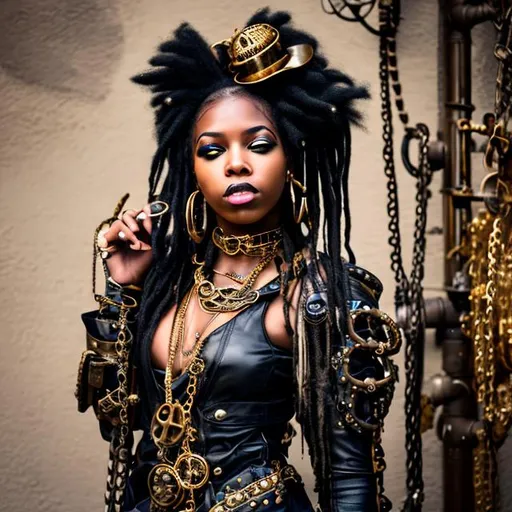 Prompt: Young black woman dressed in steampunk accessories in gold. Hair in dreads wearing  black leather 