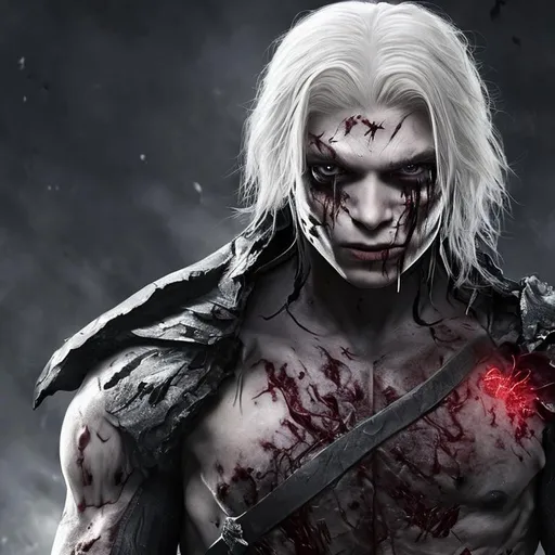 Prompt: human, young, long white hair, men, mutant, scars, black clothes, blood, black armor, boy
