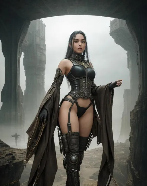 Prompt: Realistic futuristic dystopian landscape, heavy mist, at the edge of space, with a large time hole on the sky,

Depicting a female Steampunk style High Fantasy Dhamani, an exquisite portrayal of an exotic, gorgeous, slender, long random colored hair, ultra realistic young adult woman, wearing a heavy iron collar,

Gorgeous perfectly detailed facial features, long legs, sumptuous perfect body, ultra pale, visible midriff,

Perfect studio lighting, perfect shading, Professional Photo Realistic Image, RAW, artstation, splash style dark fractal paint, contour, hyper detailed, intricately detailed, unreal engine, fantastical, intricate detail, steam screen, complimentary colors, fantasy concept art, 64k resolution, deviantart masterpiece, splash arts, ultra details, Ultra realistic, hi res, UHD, complete 3D rendering.