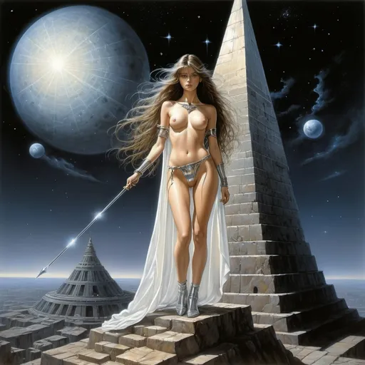 Prompt: Hajime Sorayama, Luis Royo, Surrealism Mysterious strange fantasy. A beautiful girl with long brown hair, a light transparent cape and a perfectly voluminous body.
 stands on top of a stone pyramid. in her hand she holds a golden staff decorated at the top with a large shining diamond. overhead is the dark sky of an alien galaxy, stars, a spaceship. oppressive, gloomy atmosphere. very detailed