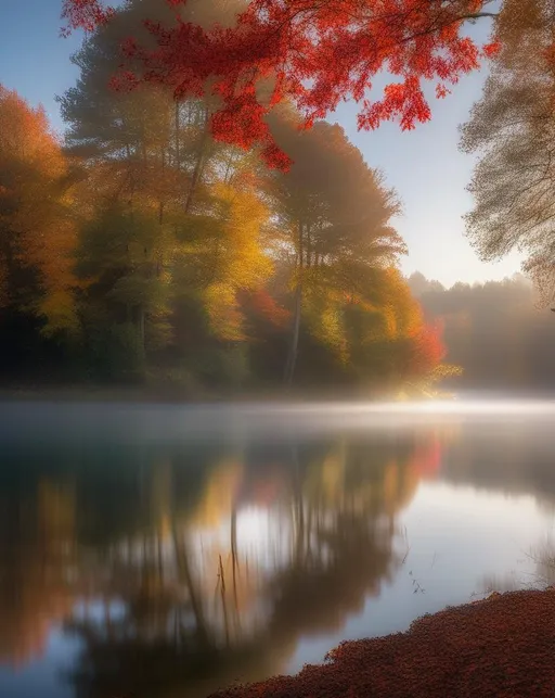 Prompt: A peaceful autumn morning landscape with rays of light peeking through the mist hovering above a glassy lake, surrounded by vibrantly colored trees (((reflecting))) in the still water. Long exposure provides soft, ethereal effects. Conveys serenity, tranquility, and natural beauty. Shot with a wide angle Sony a7R IV and a 16-35mm GM lens.