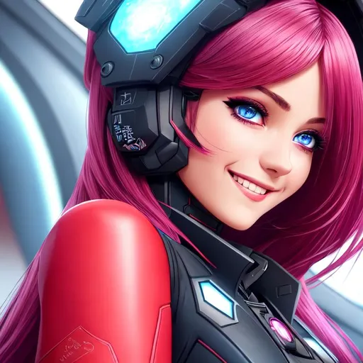 Prompt: close up shot, cinematic shot, sharp focus,

a beautiful girl smiling sweetly with little dark pink hair, dark blue eyes,  wearing a red cyberpunk space suit sitting inside a spaceship, in awe, elegant, long beautiful hair color, hyper detailed spaceship interior background, ultra detailed face, detailed beautiful eye, detailed beautiful nose, ultra detailed space background with lot of stars and planet, ultra detailed colored space suit, perfect anatomy, seductive pose,

dynamic lighting, studio lighting, volumetric lighting, Masterpiece, contrast, Ultra HD, 64K, professional artwork, professional concept art,
