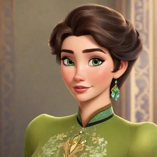 Prompt: elsa's older sister, short masculine hair, brunette, green color scheme, disney character from frozen