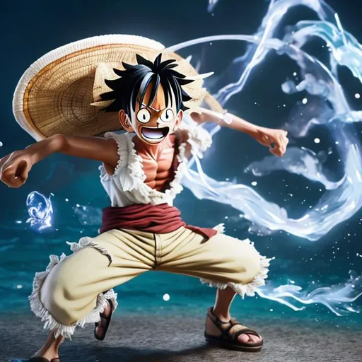 Prompt: Luffy with white aura, gear 5 mode,hold the hat, fighting with sea beast