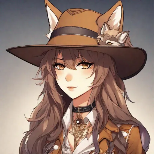 Prompt:  small-framed glamrock wolf human, with deep-set light brown eyes. They identify as female, and have a monotonous voice. As an accessory, they have a hat, and they can be seen wearing ribbons. Anime style. 