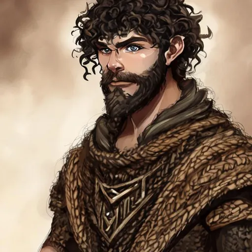 Prompt: kate irwin dungeons and dragons style, sumerian man, shawl, black curly wig, bushy beard, brown eyes