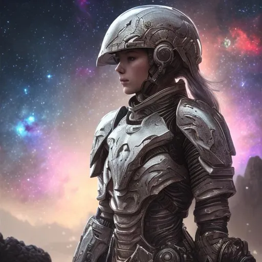 Prompt: create a photograph of beautiful fictional elite female soldier in dream armor, extremely, detailed environment, detailed background, planets an nebulae in sky highly detailed, intricate, detailed skin, natural colors , professionally color graded, photorealism, 8k, moody lighting
