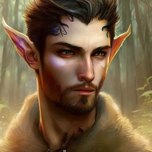 Prompt: High detailed portrait, digital art style, comic book style, anime style, fantasy world, elf ears, short dark purple hair, male, by greg rutkowski and alphonse mucha, sharp focus,
