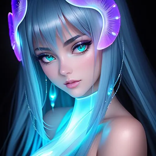 Prompt: {{{{highest quality stylized character masterpiece}}}} best award-winning digital oil painting with {{lifelike textures brush strokes}},
perfect upper body image of surrealistic provocative arousing seductive stunning beautiful feminine 22 year old anime like {{green bioluminescent humanoid jellyfish-woman}} with {{transparent gel like hair}} and {{beautiful green eyes}} wearing {{green slime}} with deep exposed visible cleavage and tight beautiful belly pooch floating underwater in hyperrealistic intricate perfect 128k UHD HDR,
wonderful extremely detailed cute face with romance glamour beauty soft skin and red blush cheeks and cute sadistic smile and {{seductive love gaze at camera}}, 
perfect anatomy in perfect colored shaded composition of professional sharp focus RAW photography with depth of field, 
cinematic volumetric dramatic 3d lighting, 
{{sexy}}, 
{{huge breast}}, 
physics-based rendering, 
masterpiece