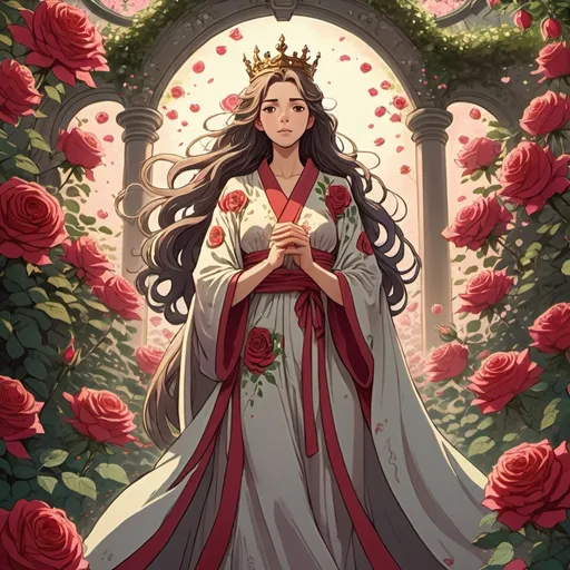 Prompt: 2d studio ghibli anime style,  a long-haired woman, detailed ornate cloth robe, dramatic lighting, goddess standing in a rose garden, queen, crown of roses, magic environment