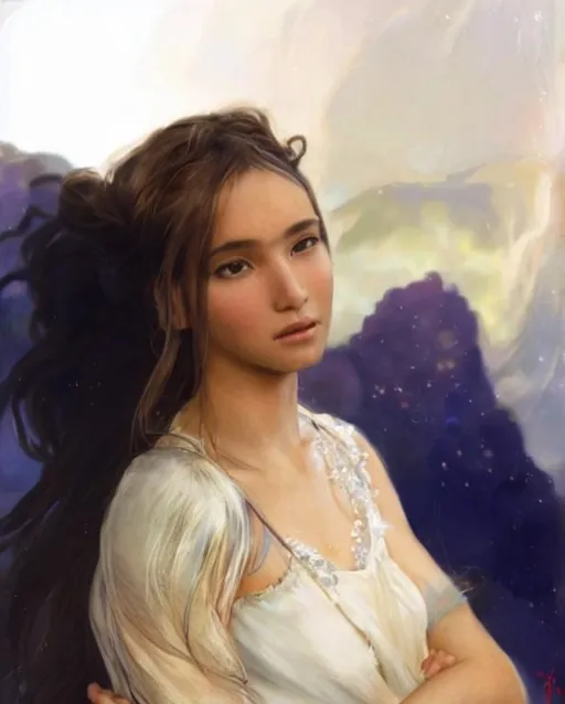 Prompt: A Light element goddess, very young, tan skin, flowing hair,  flowing dress, perfect features, extremely detailed, realistic. Krenz Cushart + loish +gaston bussiere +craig mullins, j. c. leyendecker +Artgerm, oil painting texture oil painting effect Krenz Cushart + loish +gaston bussiere +craig mullins, j. c. leyendecker +Artgerm, oil painting texture. 