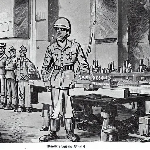 Prompt: cartoon of one of a soldier in uniform, standing tall and proud and another of a group of people working in a factory, building weapons and supplies for the war effort in one picture