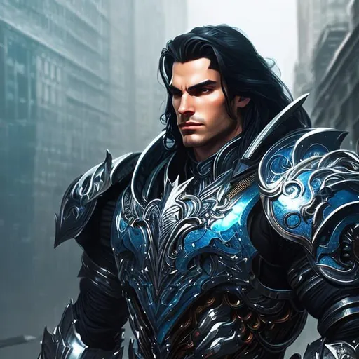 Prompt: Handsome man, muscular, long black hair, pale skin, blue eyes, fantasy art style, painting, armour, biological mechanical, evil, full body, pipes, metal, chrome, reflective, cyborg, fighting, detailed face, detailed, hyper detailed, handsome, mischievous  