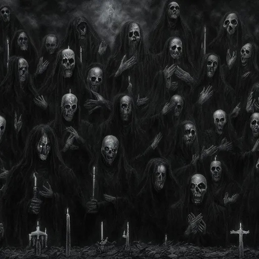 Prompt: High quality artwork for a black metal album. Elegy for the Dead: Silent Remains. dead priests praying for forgiveness. Ultra-realistic, 8k