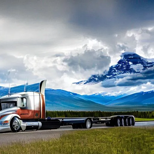 Prompt: semi truck in canada high detal beautiful background. Angel in the sky