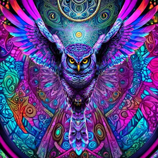 Prompt: "A psychedelic, surreal and intense image of an owl in flight, with intricate patterns, contrast colors and swirls of color. The owl is not just a normal owl but rather a symbol of wisdom, knowledge, and insight. It is a guardian of knowledge, and the patterns surrounding the owl make it look as though it is a part of the world. The owl is not just a normal owl but rather an owl that represents the mysteries of the night and the power of knowledge. The owl is a symbol of the connection between the human world and the mystery of the night and the world around it."