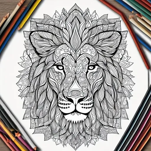 Prompt: Coloring page for adults mandala lion image, white background, clean line art, fine line art --HD--AR 2:3