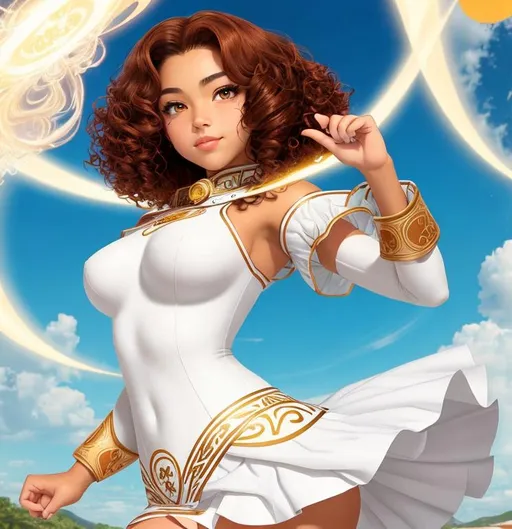 Prompt: A beautiful 14 year old ((Latina)) light elemental with light brown skin and a cute face. She has a curvy body. She has short curly reddish brown hair and reddish brown eyebrows. She wears a beautiful tight white princess outfit with a white skirt. She has brightly glowing yellow eyes and white pupils. She wears a small golden tiara. She has a yellow aura around her. She is floating in the air with bright yellow light magic in her hands staring down at an army. Epic battle scene art. Full body art. {{{{high quality art}}}} ((goddess)). Illustration. Concept art. Symmetrical face. Digital. Perfectly drawn. A cool background. Five fingers