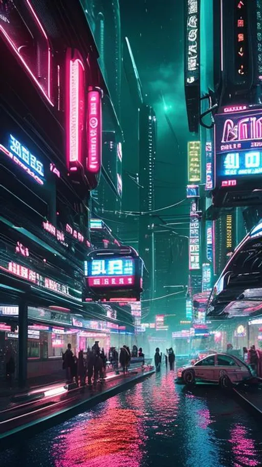 Prompt: A futuristic city at night, raining heavily with bright neon signs.